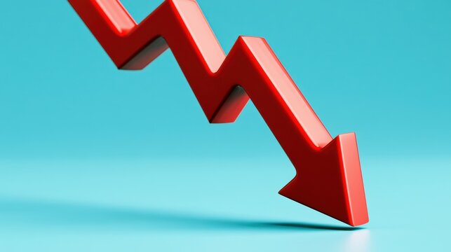 A bright red arrow pointing downwards displays a declining trend on a teal surface