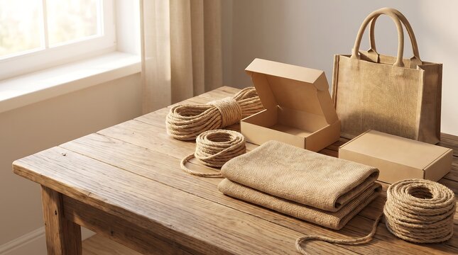 Eco-friendly natural jute packaging set, sustainable burlap bags cardboard boxes and twine on wooden table, plastic-free zero waste wrapping concept