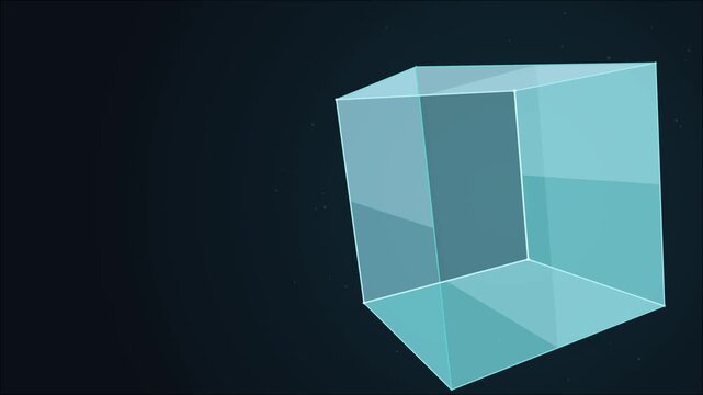 Abstract cyan transparent 3d wireframe cube rotating on dark background