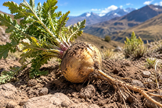 Single root resembling a turnip, freshly pulled from dry soil.