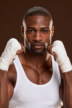 Black man in white tank top with wrapped fists in boxer stance, intense gaze, studio lighting on brown background