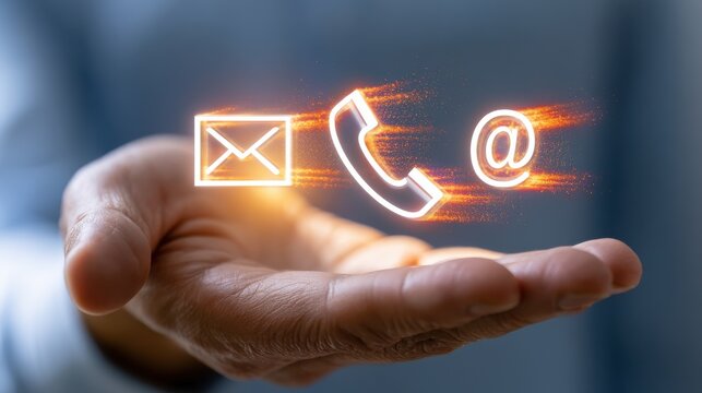 Glowing email telephone and at symbol icons float above a human palm