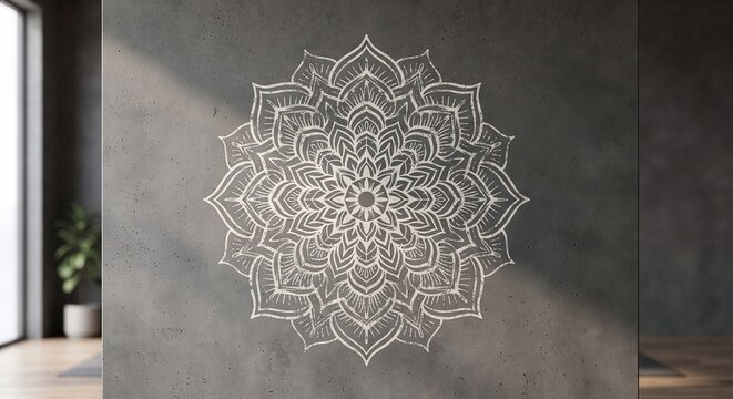 Yoga and wellness background of delicate white mandala geometric pattern on a concrete studio wall background