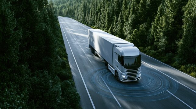 White semi truck travels down a forest highway in a wide angle view