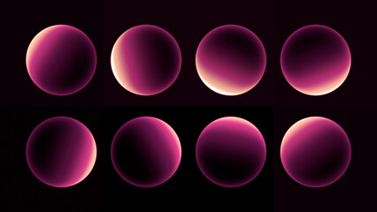 Eight rim-lit glowing gradient spheres with macro close framing © AlexGuda
