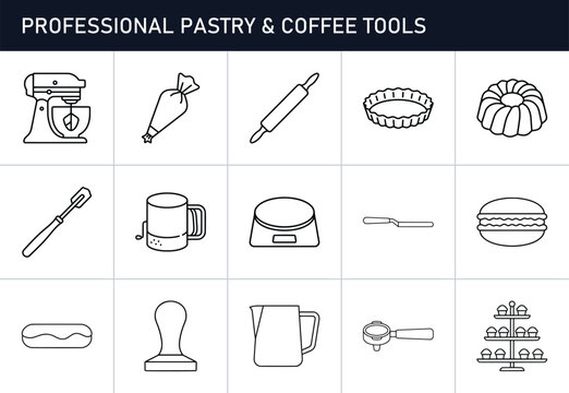 Pastry and coffee tools line icons set with mixer, rolling pin, tamper, and cupcake stand for baking and cafe