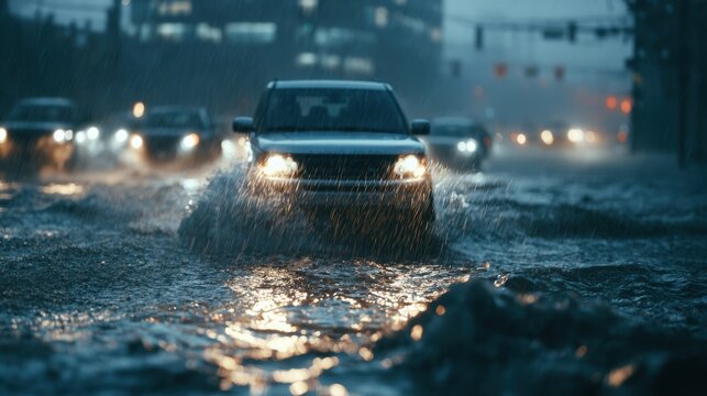 Automobile drives through a flooded city street during heavy rainfall
