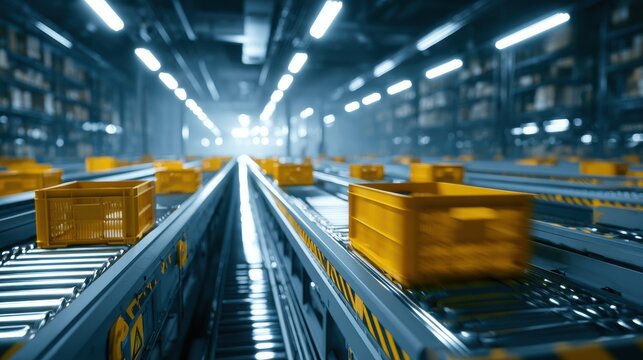 Yellow crates travel along a conveyor system within a large distribution warehouse