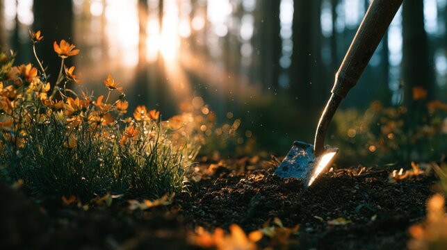 Gardening trowel in soil with wildflowers bathed in golden sunlight