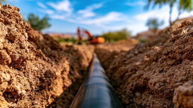 Narrow trench with black pipeline and construction equipment in a desert landscape