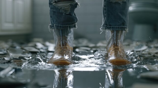 Person s legs wearing rain boots standing in a puddle of water
