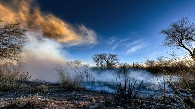 Smoldering wildfire burns through dry grassland under a blue sky