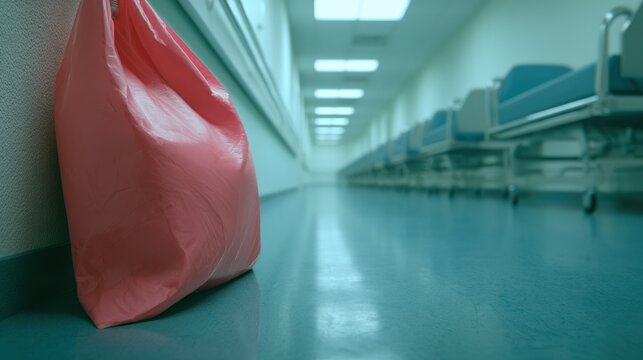 Red biohazard bag rests against a wall in a blurred hospital hallway