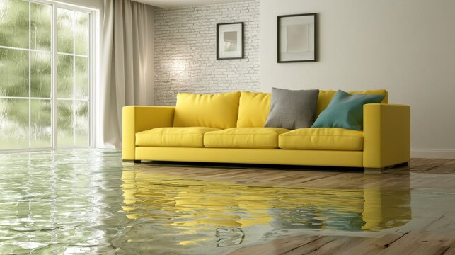 Yellow sofa in a flooded living room realistic interior scene