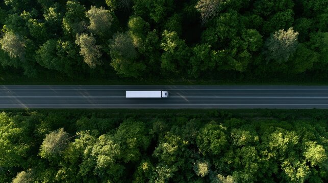 White delivery van travels along a highway surrounded by lush green forest canopy