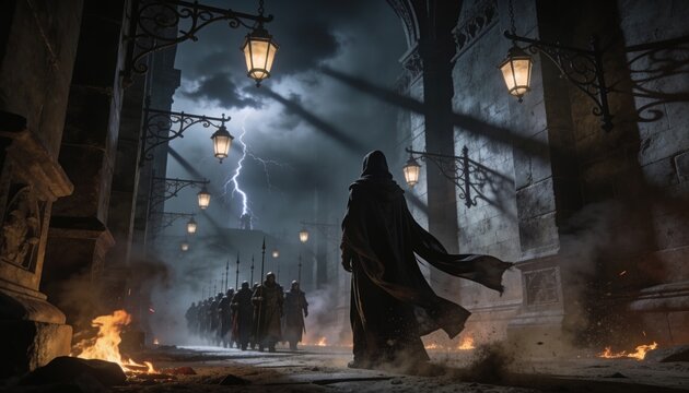 Standing hooded cloaked figure confronting marching guards bearing spears in archway, with lanterns