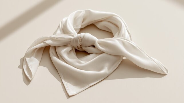 Cream colored bandana with knotted center styled on a neutral surface