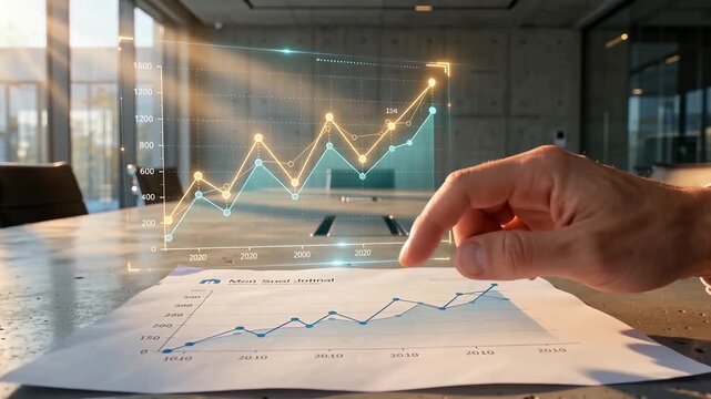 Business team reviews charts and data on paper and a tablet at a meeting