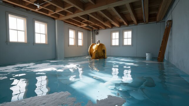 Partially flooded basement interior with a yellow cylindrical object and exposed beams