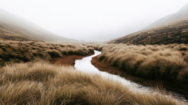 Winding stream flows through grassy hills in a foggy landscape photograph
