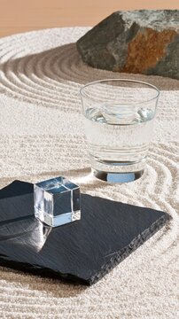 Clear glass of water and crystal cube on black slate over raked white gravel with zen garden stone in background