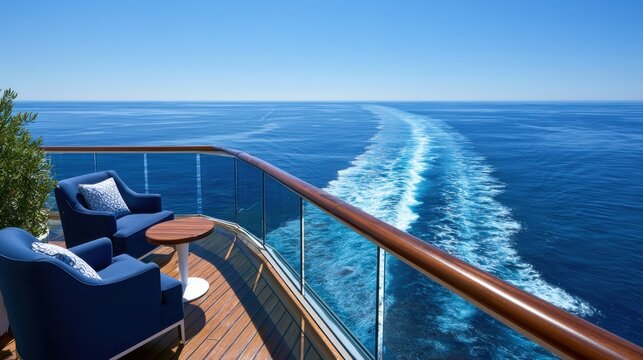Cruise ship balcony overlooks ocean wake a scenic view from the deck