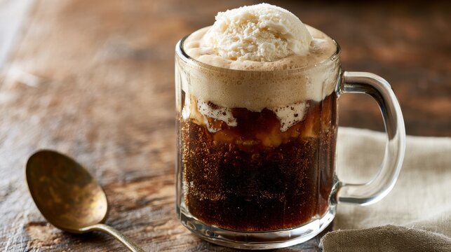 Root beer float with vanilla ice cream in a glass mug close up