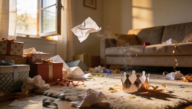 Glinting metallic paper crown catching sunlight on patterned rug in living room, with wrapped gifts
