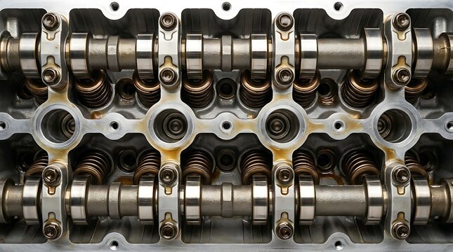 Detailed overhead view of an internal combustion engine cylinder head mechanism