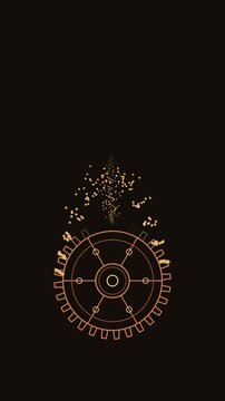 Abstract glowing mechanical gear with particle effusion