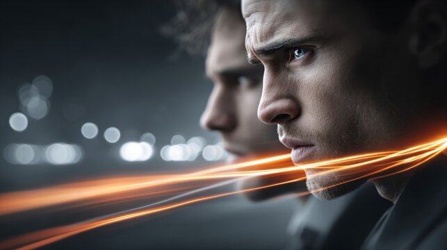 Two men face forward with strong expressions while orange light blurs past