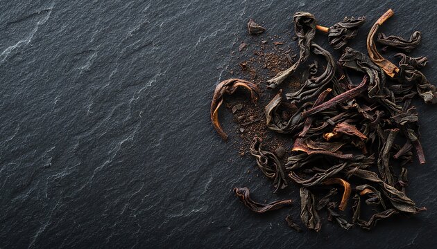 autumn dried tea leaves slate background loose leaf healthy beverage minimalist food styling website banner
