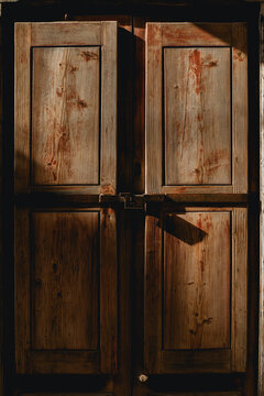 Rustic Wooden Door Panels and Aged Wood Texture with Metal Lock Detail, Vintage Panelled Surface