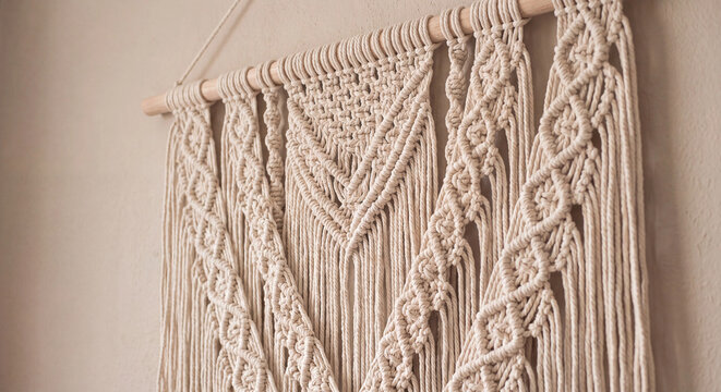 Handmade macram&eacute; wall hanging with knotted cotton cord on wooden rod against beige wall