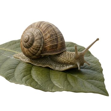 Garden snail crawling slowly on a green leaf isolated on white background