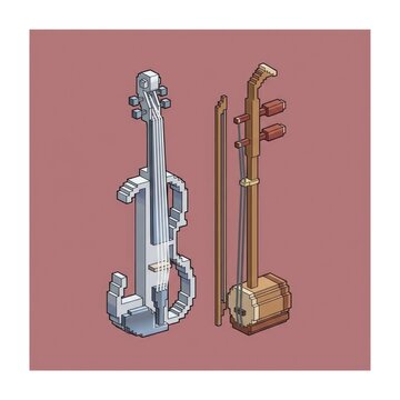 Pixel art violin and erhu with bow on pink background.