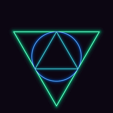 Neon inverted triangle with inscribed circle with glowing turquoise and blue light on dark background