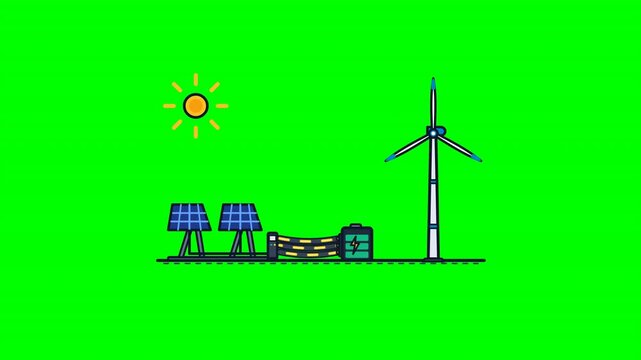 Flat line art icons of wind turbines solar panels and batteries arranged in a grid on a bright green background. Ideal for environmental education and renewable energy presentations.
