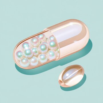 Translucent capsule shaped like pill with iridescent pearls inside, soft silicone texture, rounded edges, pastel mint background