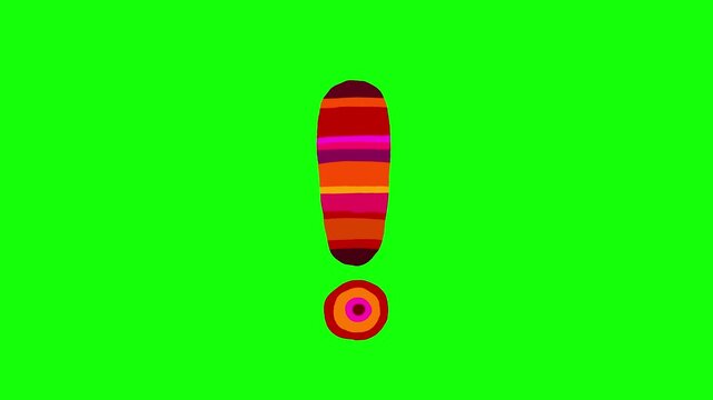 Exclamation mark color patchwork doodle greenbox. Good for any video material. Green screen and  red stripes pattern drawing brainstorming error attention care.
