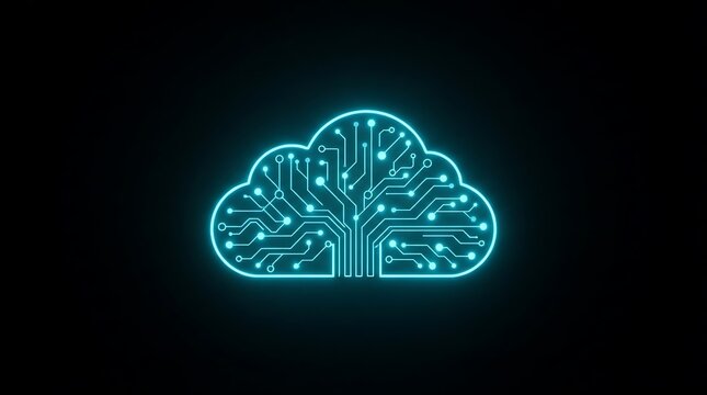 Neon cloud circuit icon, blue glowing data storage symbol, cloud computing concept