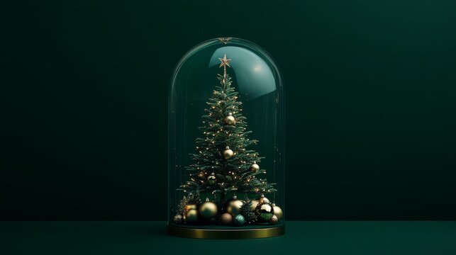 48.Elegant Christmas display featuring a tiny festive tree protected inside a high-gloss glass dome, styled with metallic baubles and positioned on a dark green matte background