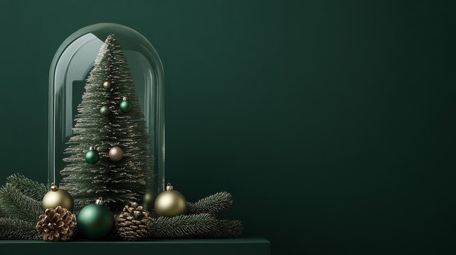 48.Elegant Christmas display featuring a tiny festive tree protected inside a high-gloss glass dome, styled with metallic baubles and positioned on a dark green matte background