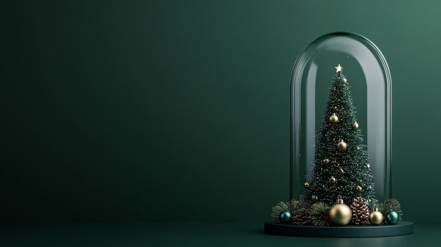 48.Elegant Christmas display featuring a tiny festive tree protected inside a high-gloss glass dome, styled with metallic baubles and positioned on a dark green matte background
