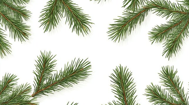 56.Seamless vector pattern of dense fir tree branches layered diagonally across a white background, showing fine needle details in rich green tones