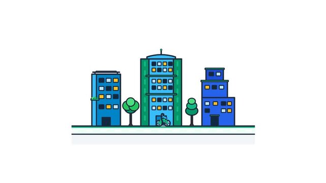 A series of pixel art cityscapes featuring eco friendly buildings and green trees on a white background. Perfect for sustainability and urban planning educational videos.