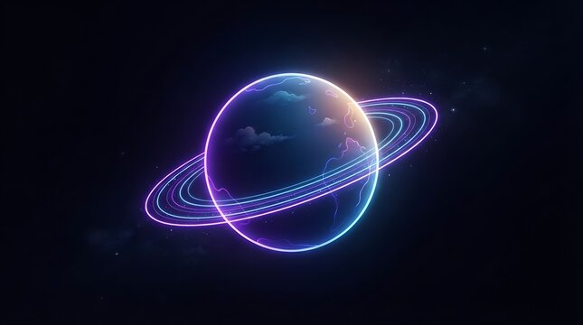 Neon ringed planet in space, glowing rings around globe, cosmic planet illustration