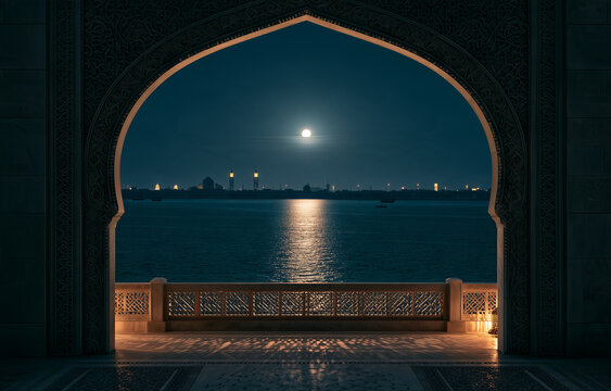 Moonlit Arabian Sea View Through Traditional Islamic Archway at Night