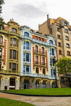 Colorful Art Nouveau architecture and in city centr Oviedo, Asturias Spain 07.09.2026. Intricate balconies, colorful wall tiles, decorative molding and bay windows