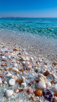 Crystal Clear Turquoise Sea Washing Over Colorful Pebble Beach